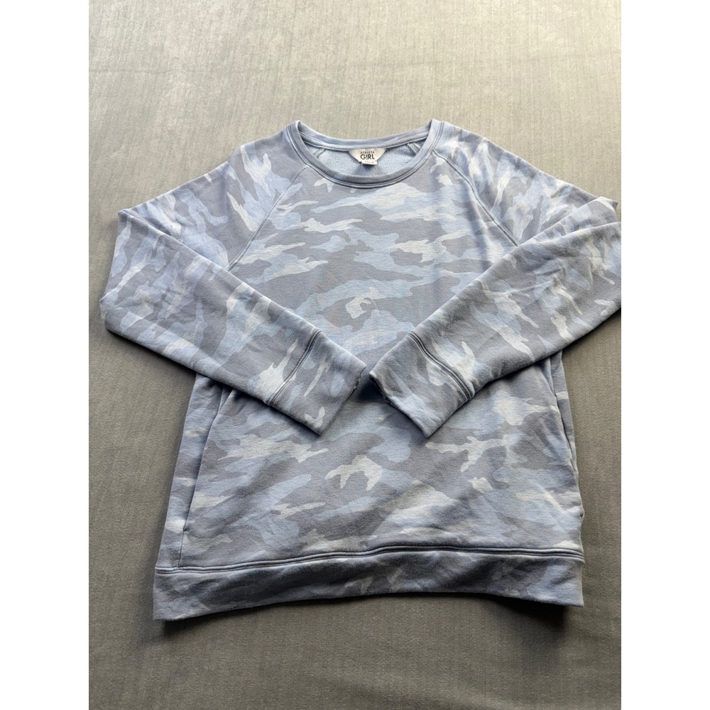 Athleta Girl Warm Up Printed Sweatshirt Blue Camo XXL 16 Pullover Fleece Pockets